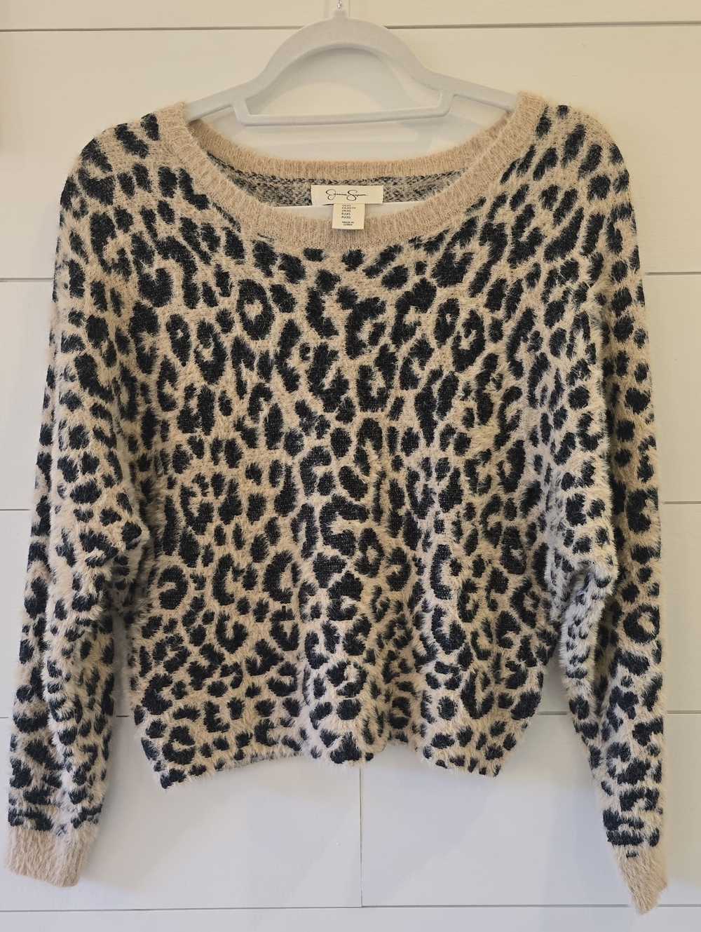 Jessica Simpson Beige and Black Leopard Print Crewneck Cozy Sweater